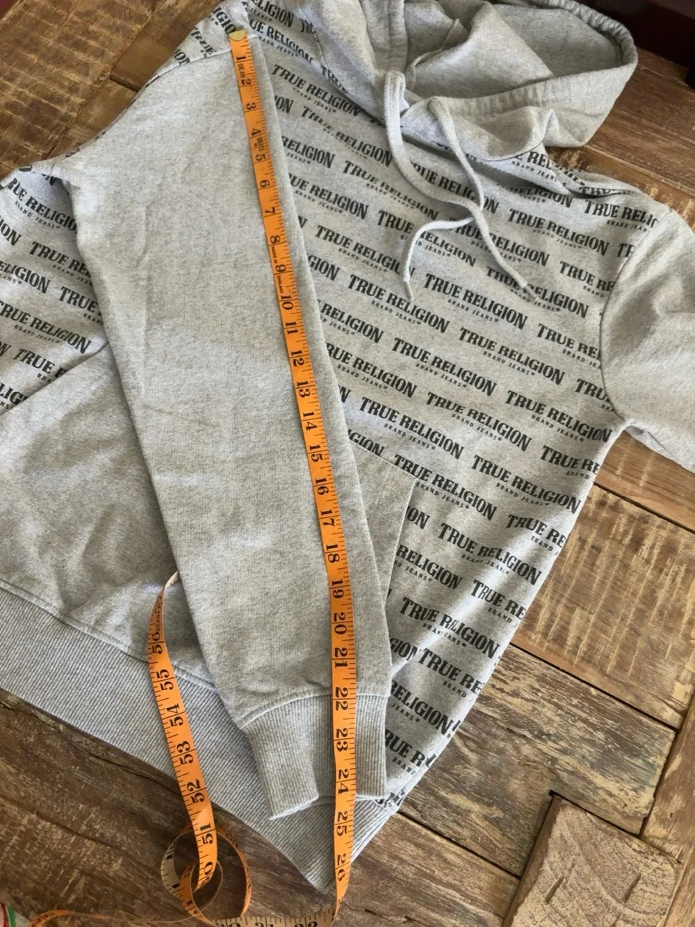 True Religion All Over Logo Gray Pullover Hoodie Men’s Medium